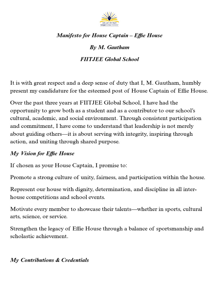 Effie House Captain Manifesto by M. Gautham | PDF | Social Psychology