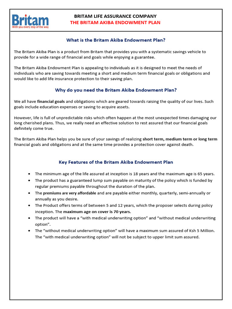 Britam Akiba Endowment Plan Overview | PDF | Insurance | Life Insurance