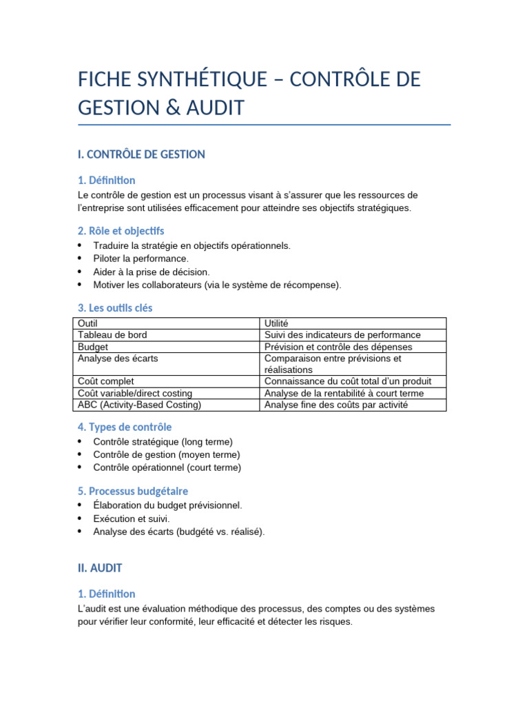 Contrôle de Gestion et Audit : Guide Complet | PDF | Audit | Budget