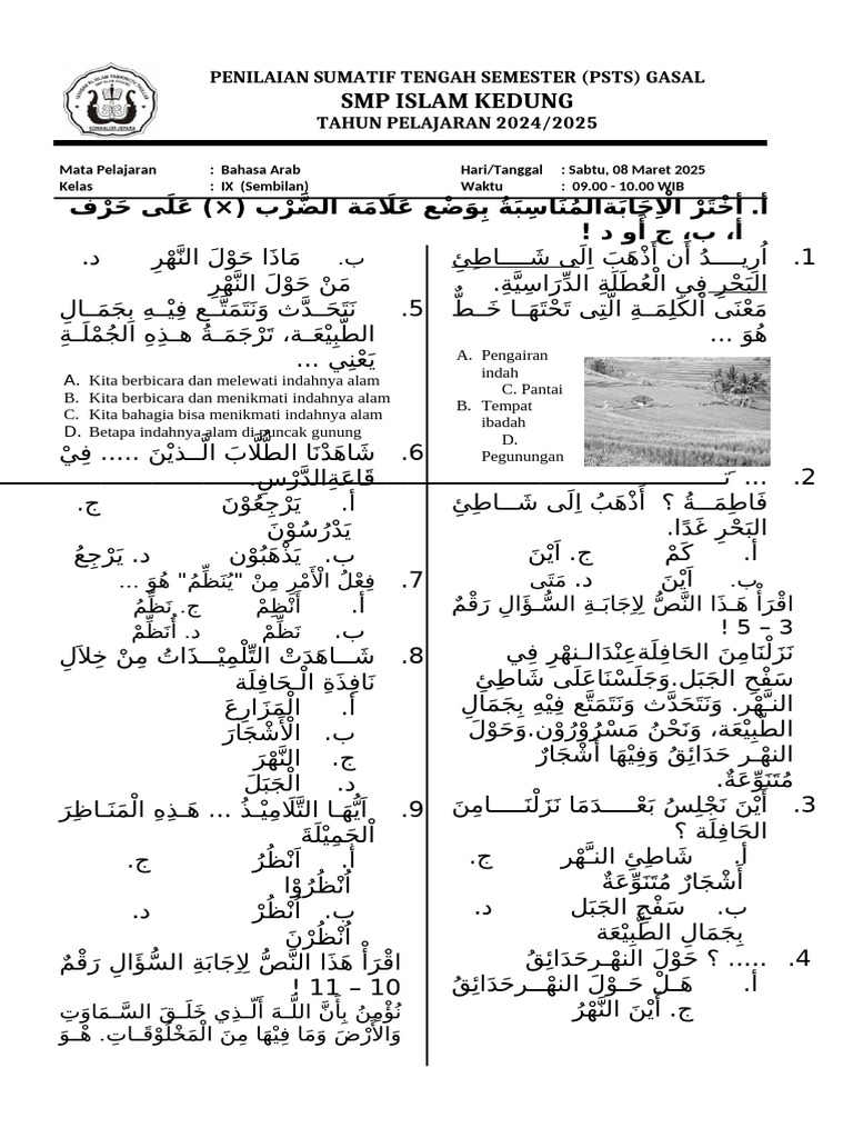 Soal Psas Bahasa Arab Kelas 9 2025 | PDF