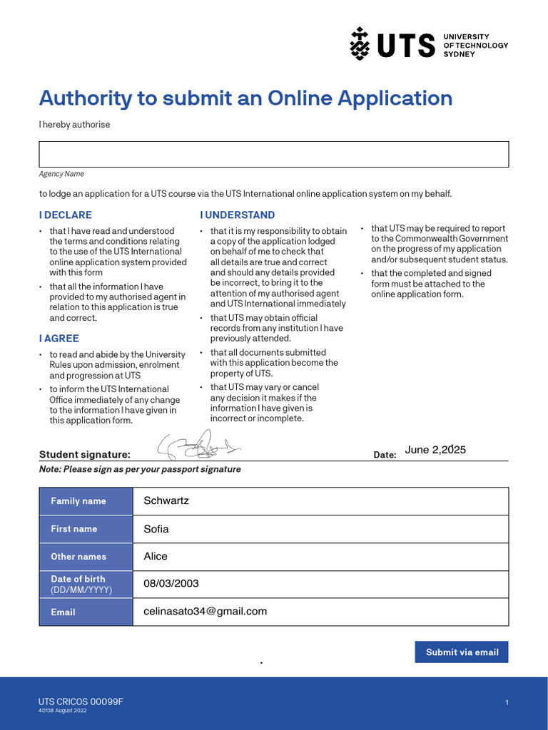 UTS Online Application Authority Form | PDF | Copyright | Privacy