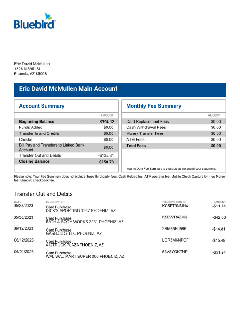 Bluebird Account Summary and Fees | PDF | Fee | Automated Teller Machine