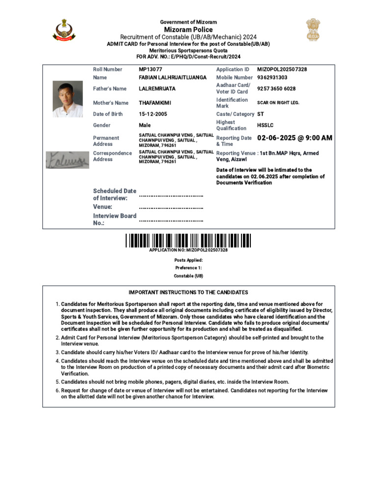 Mizoram Police Admit Card | PDF | Identity Document | Applications Of ...
