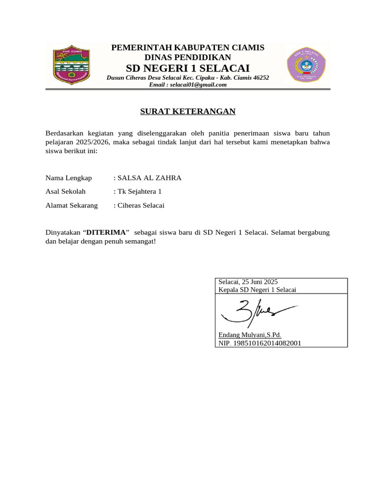 Surat Diterima - Salsa Al Zahra | PDF