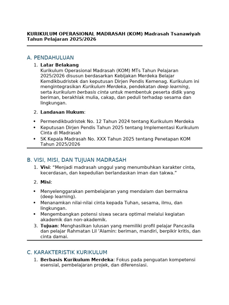 Kurikulum Operasional MTs 2025/2026 | PDF