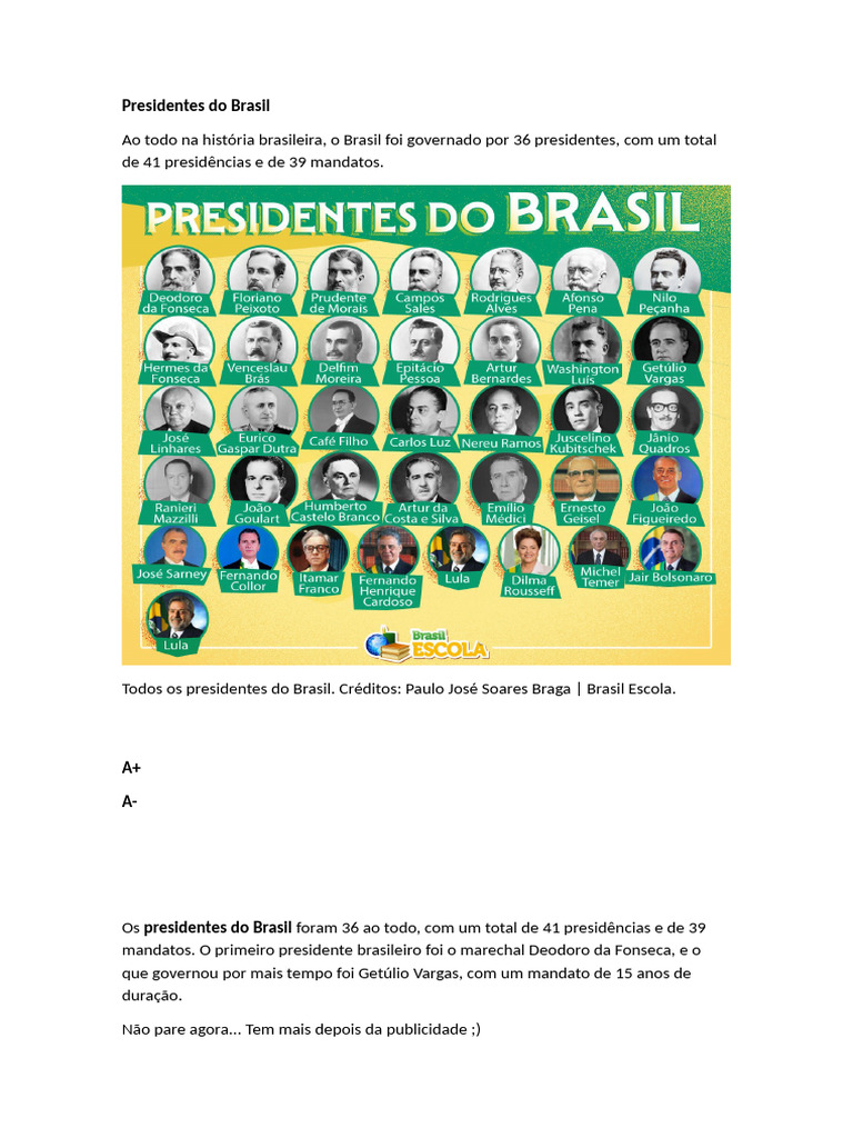 Presidentes Do Brasil | PDF | Dilma Rousseff | Luiz Inácio Lula da Silva