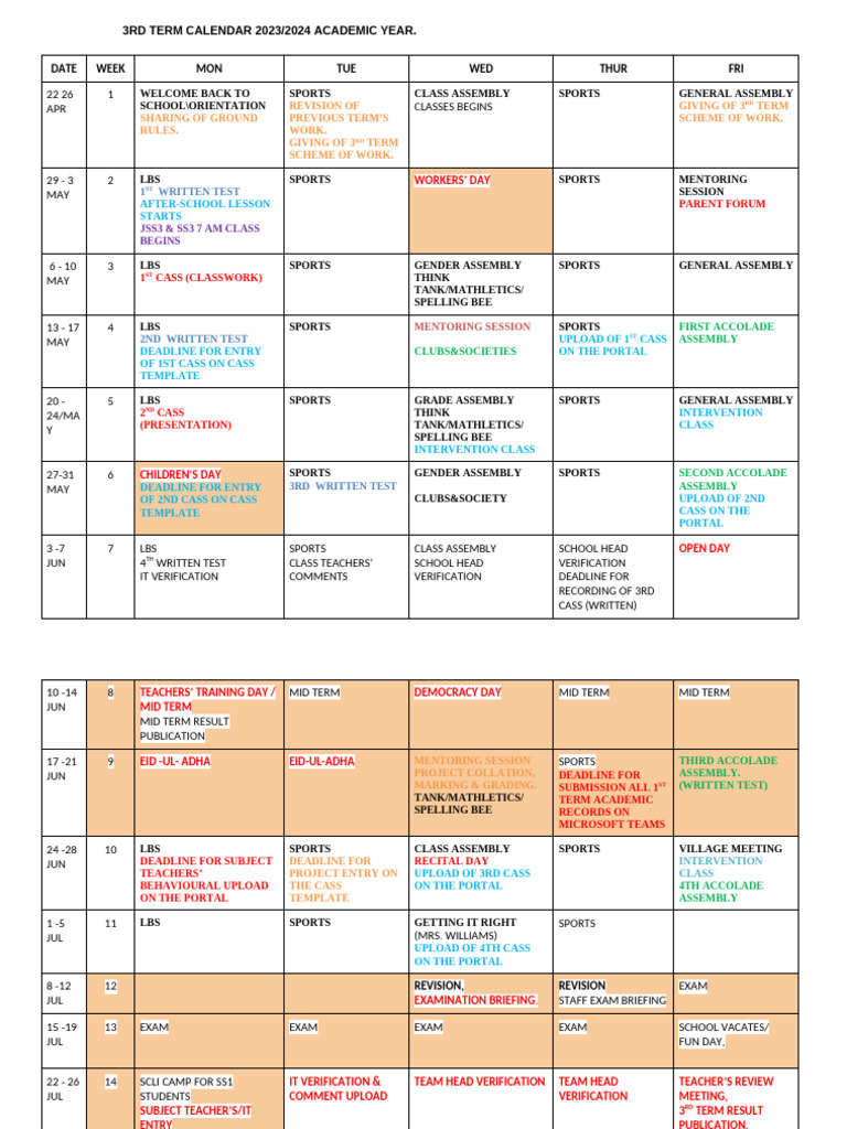 3rd Term Calendar 2023/2024 | PDF | Educational Stages