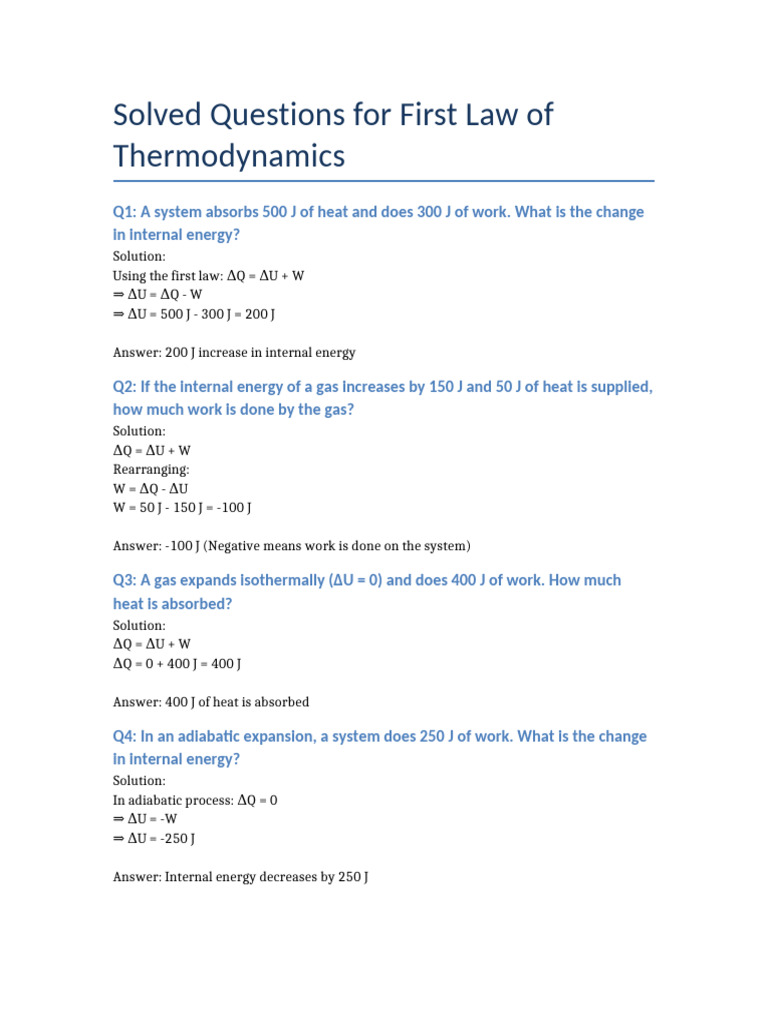 First Law of Thermodynamics Solved Questions | PDF