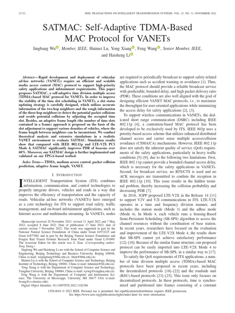 SATMAC Self-Adaptive TDMA-Based MAC Protocol For VANETs | PDF | Channel ...