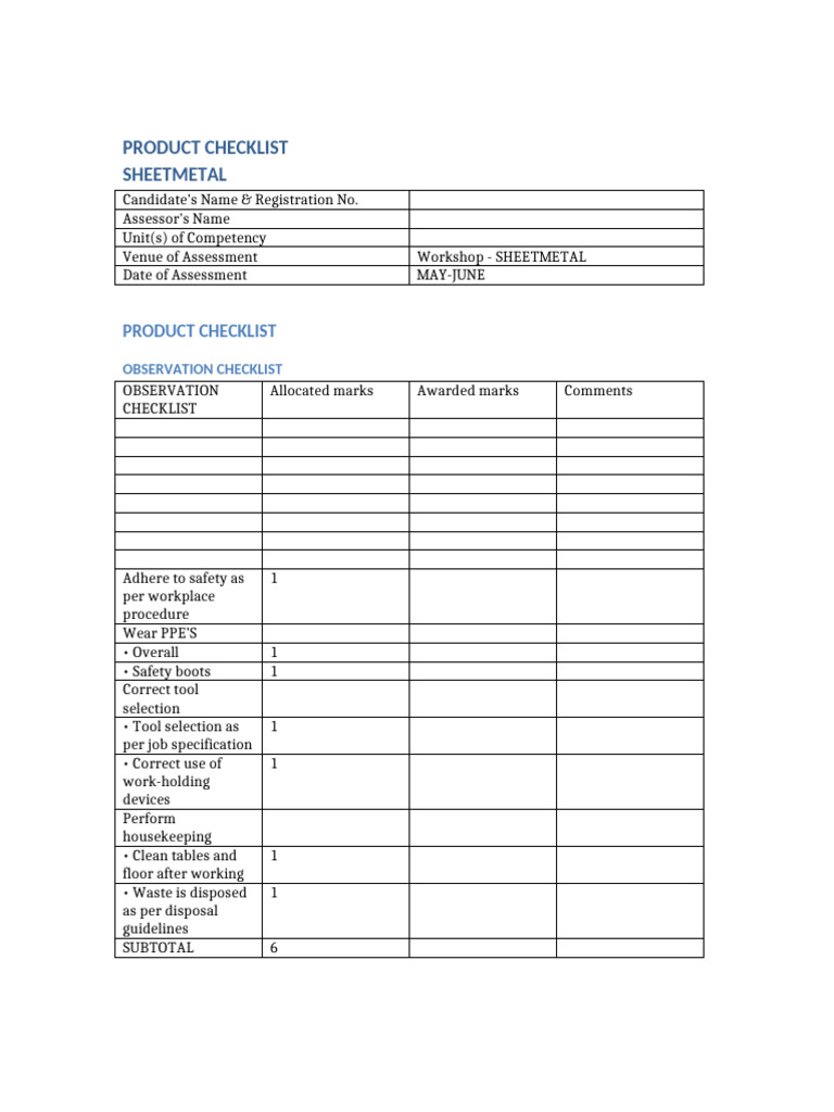 Sheetmetal Assessment Product Checklist | PDF