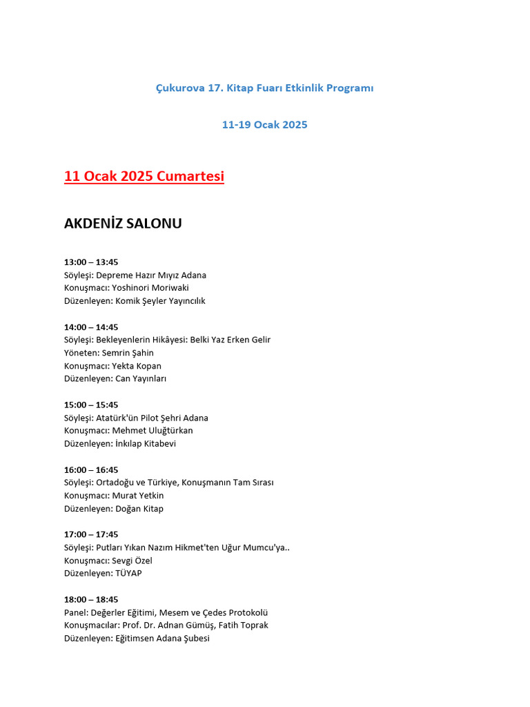 Cukurova Kitap Fuari 2025 Etkinlik Programi | PDF