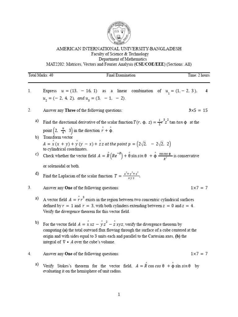 Final Exam: Matrices & Vector Analysis | PDF | Divergence | Vector Space
