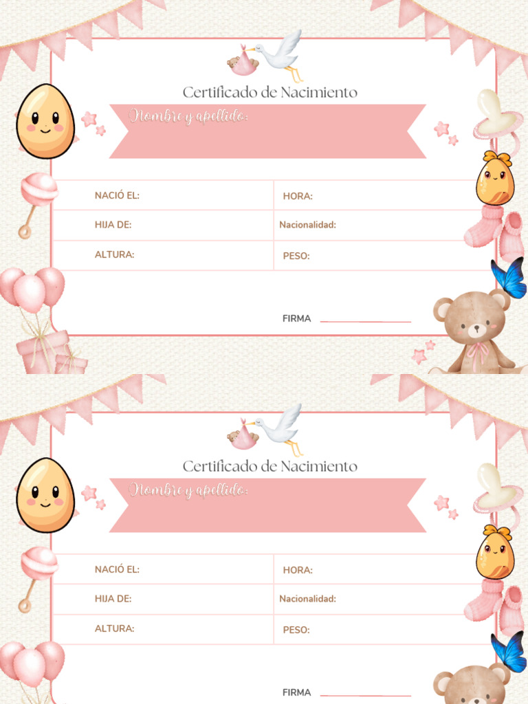 Certificado de Nacimiento Bebe Ilustrado Rosa y Marrón | PDF