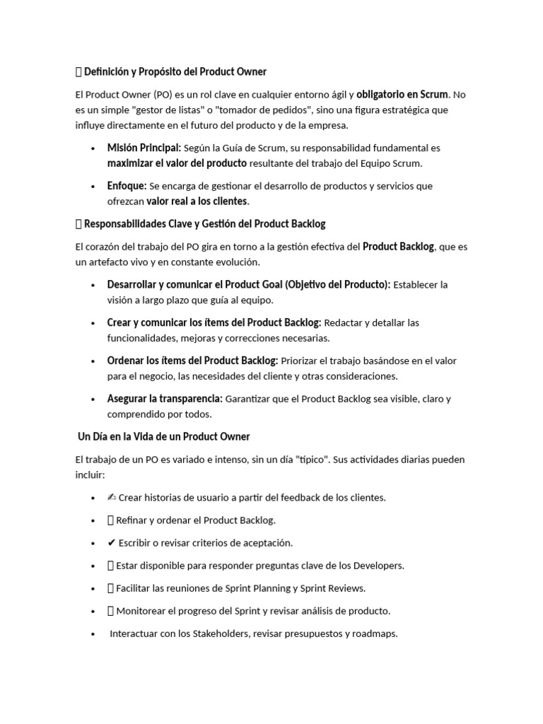 Definición del Rol del Product Owner | PDF | Scrum (desarrollo de ...