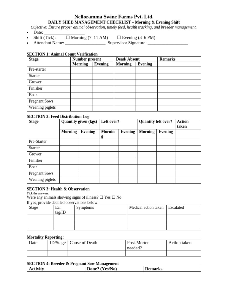 Daily Swine Farm Management Checklist | PDF | Pig | Animals And Humans