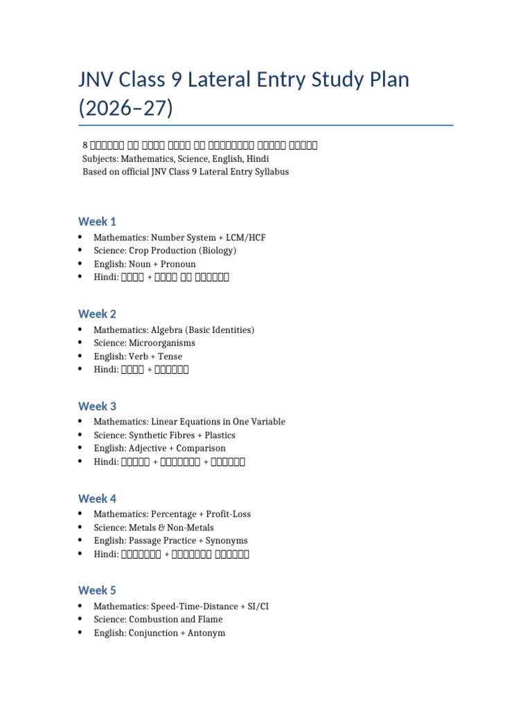 JNV Class 9 Study Plan 2026-27 | PDF