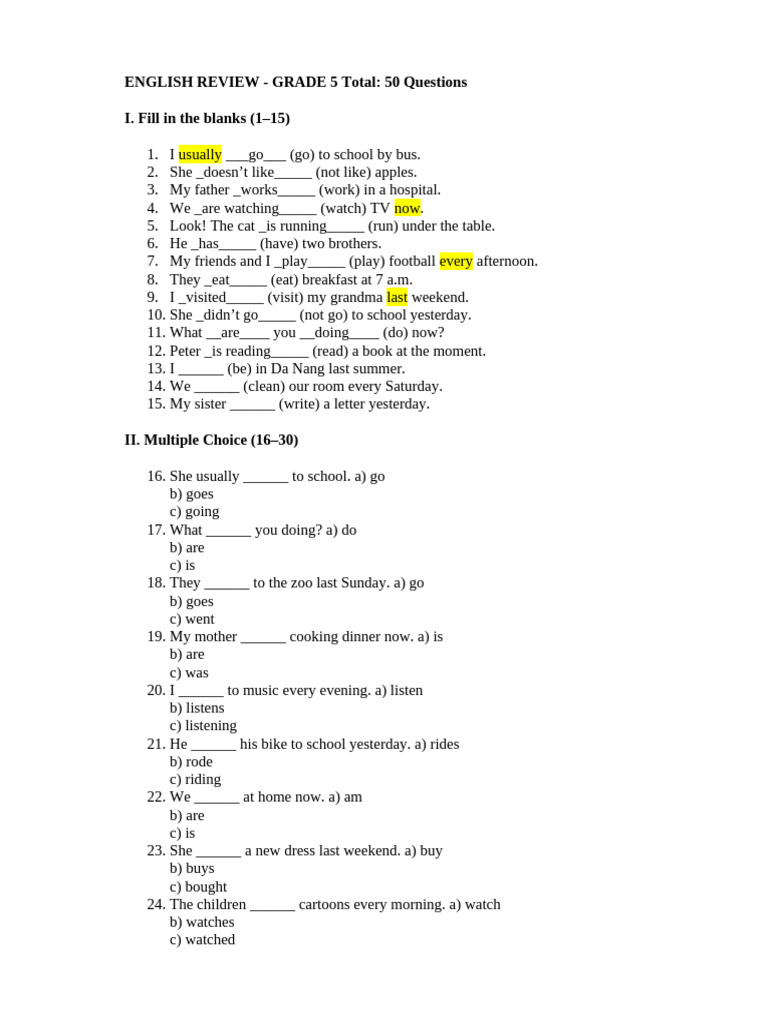 Grade 5 English Review Questions | PDF | Chess Openings | Chess Theory