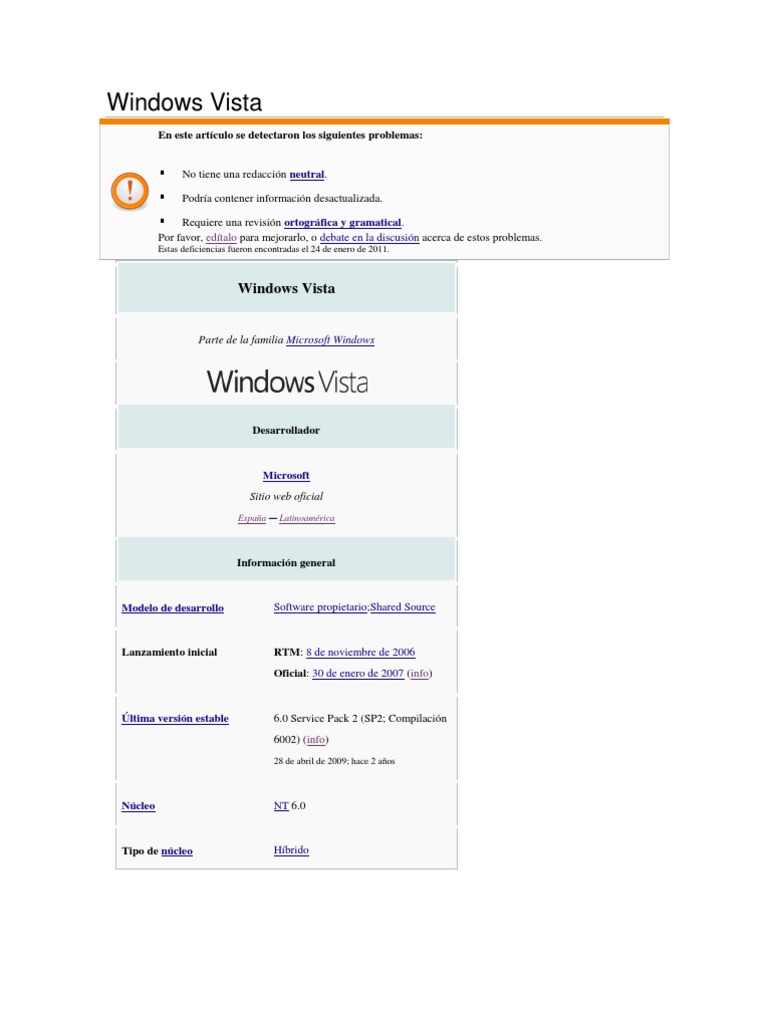 Windows Vista: Lanzamiento y Características | PDF | Windows Vista ...