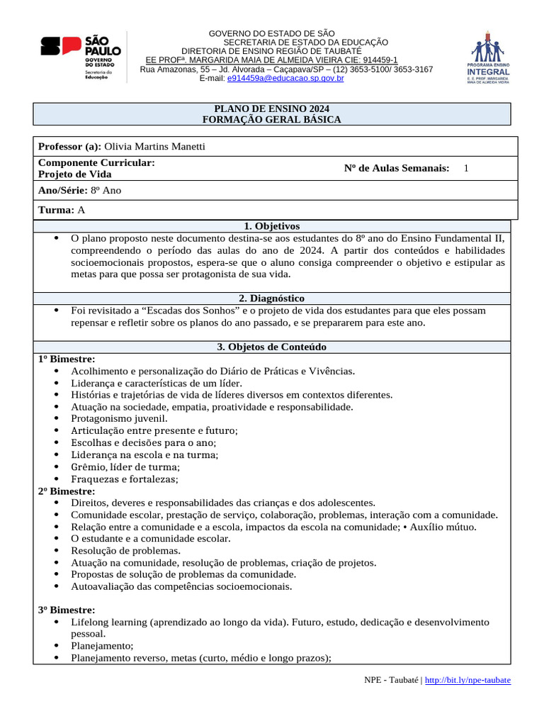 Plano de Ensino 2024: Projeto de Vida 8º Ano | PDF | Aprendizado ...