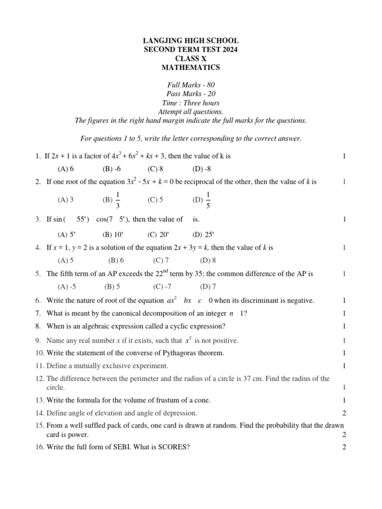 Class X Mathematics Test 2024 | PDF | Equations | Circle