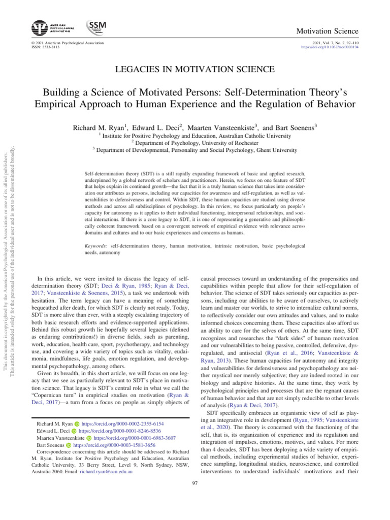 Legacy of Self-Determination Theory | PDF | Motivation | Motivational
