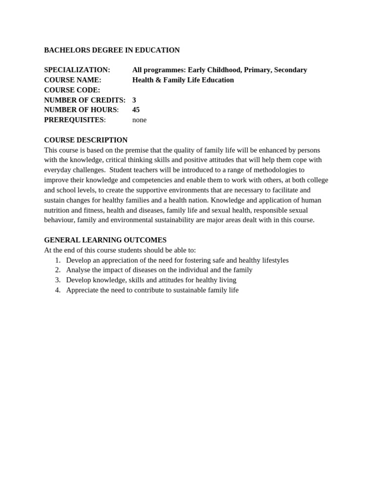 Health & Family Life Education Course | PDF | Physical Fitness