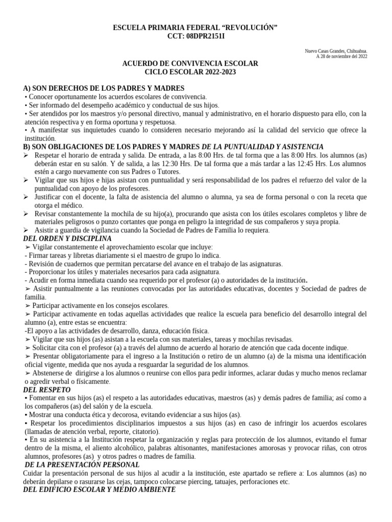 Acuerdo de Convivencia Escolar 2022-2023 | PDF | Escuelas | Maestros