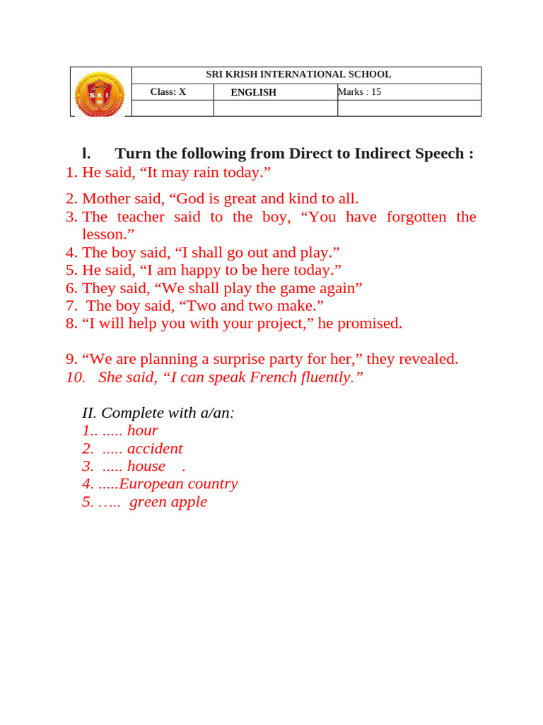Direct to Indirect Speech Exercises | PDF