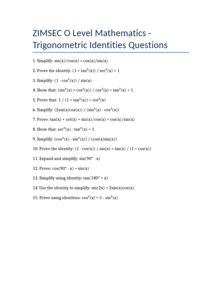 Trigonometric Identities Practice Questions | PDF