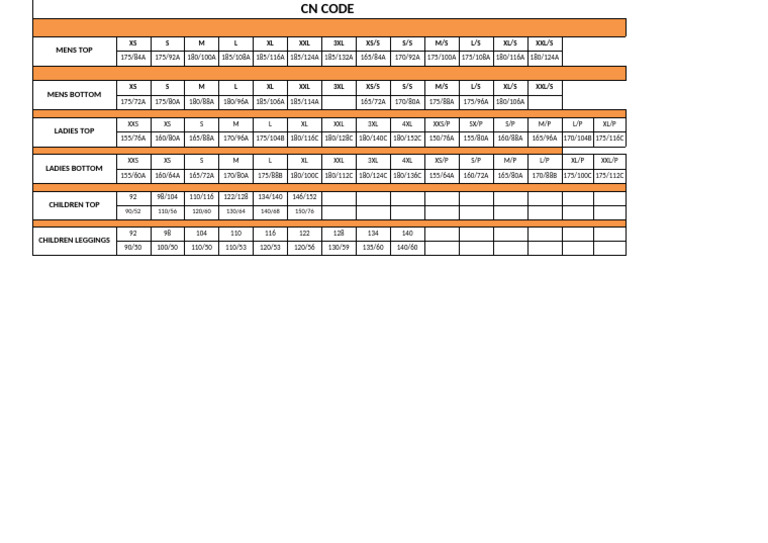 CN Size Codes for Apparel | PDF