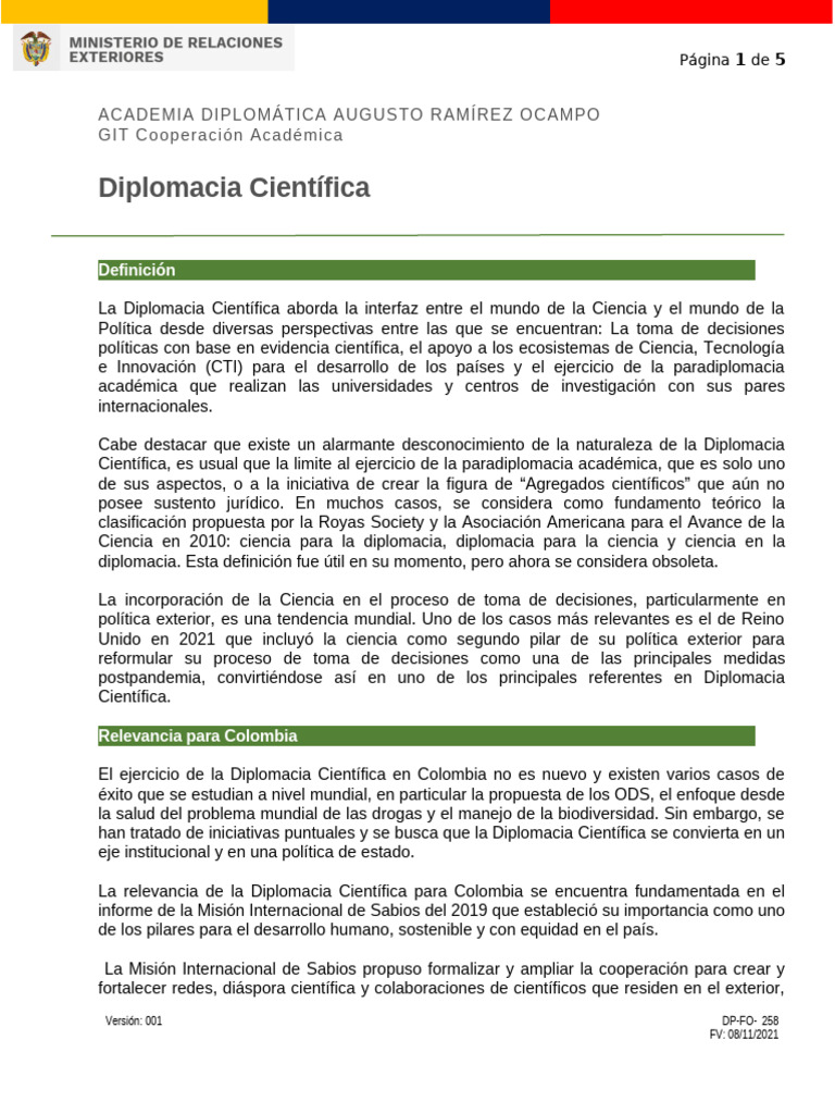 Diplomacia Científica en Colombia: Contexto y Estrategias | PDF ...