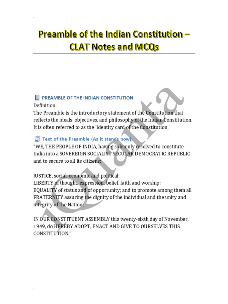 Preamble Notes+MCQs | PDF | Political Science | Government