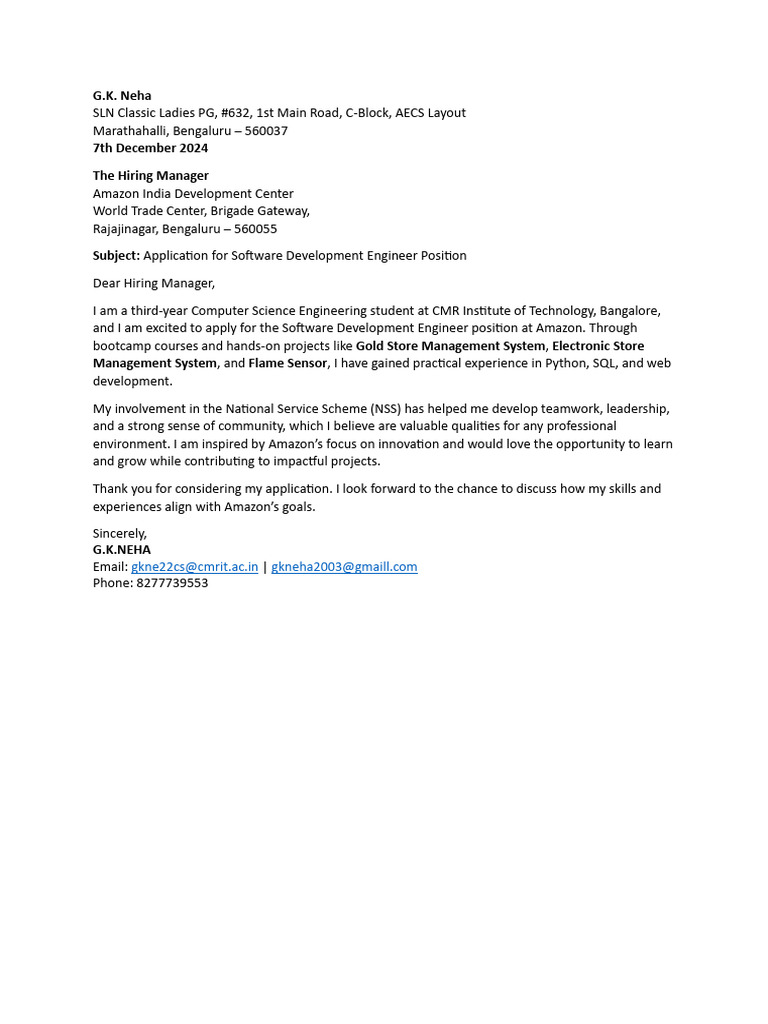 1cr22cs059 G.k.neha Cover Letter | PDF
