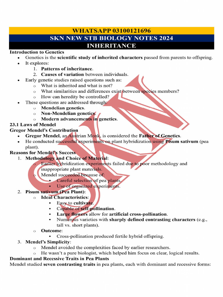 Inheritance Key Points New STB Biology by SKN 2024 | PDF
