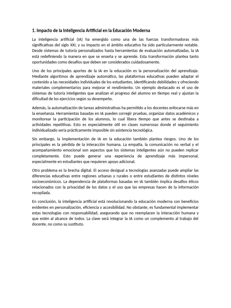 Impacto de la IA en la Educación Actual | PDF | Inteligencia artificial ...