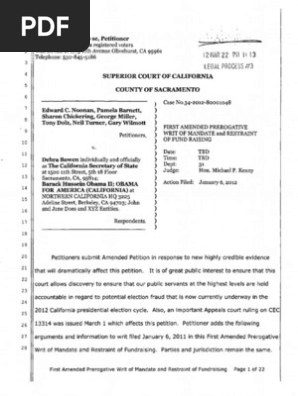 Noonan V Bowen Obama First Amended Prerogative Writ Pdf Electoral College United States Presidents Of The United States