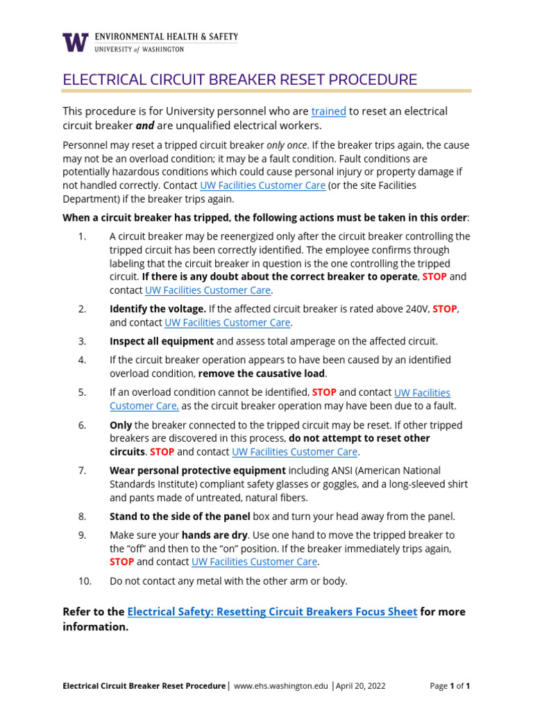 Electrical Circuit Breaker Reset Procedure | PDF | Electromagnetism ...