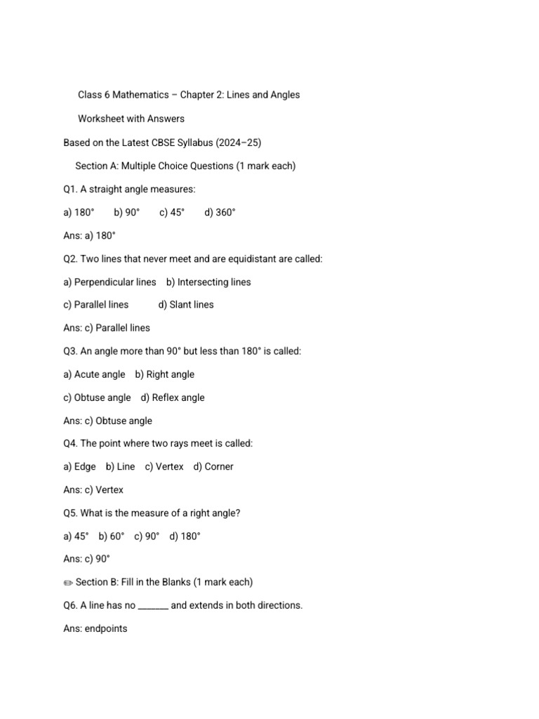 Class 6 Lines and Angles Worksheet | PDF