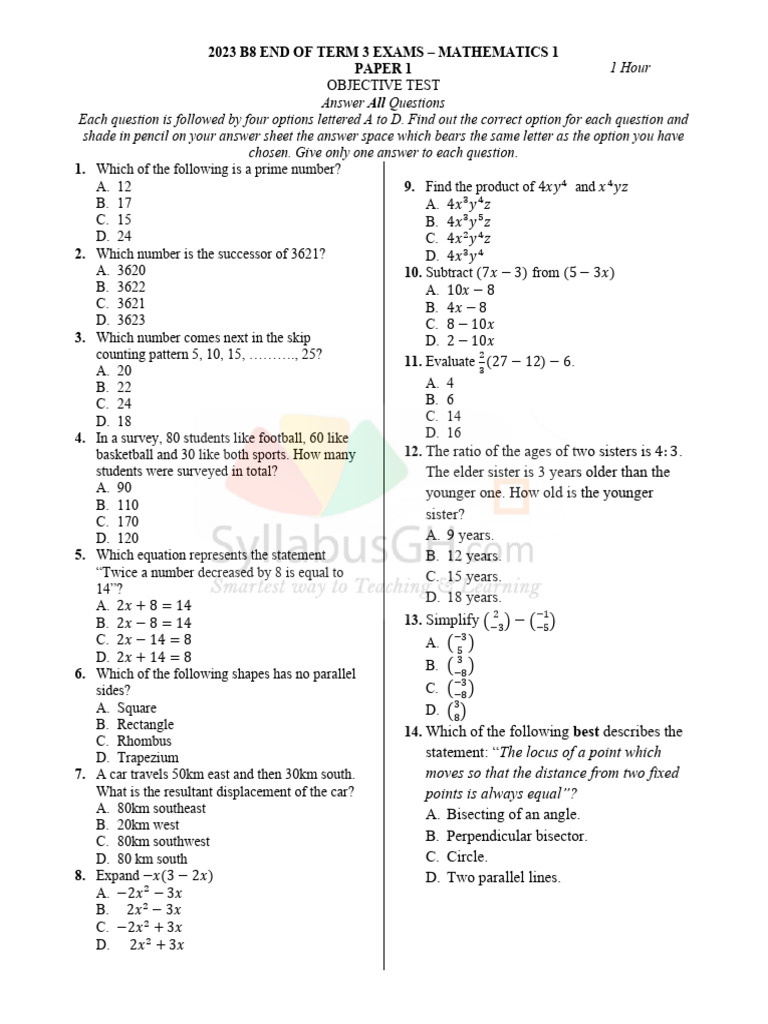 2023 Mathematics Exam Paper 1 | PDF | Elementary Mathematics | Mathematics