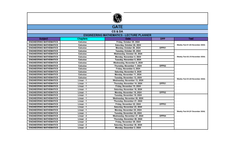 Engineering Mathematics Lecture Schedule | PDF