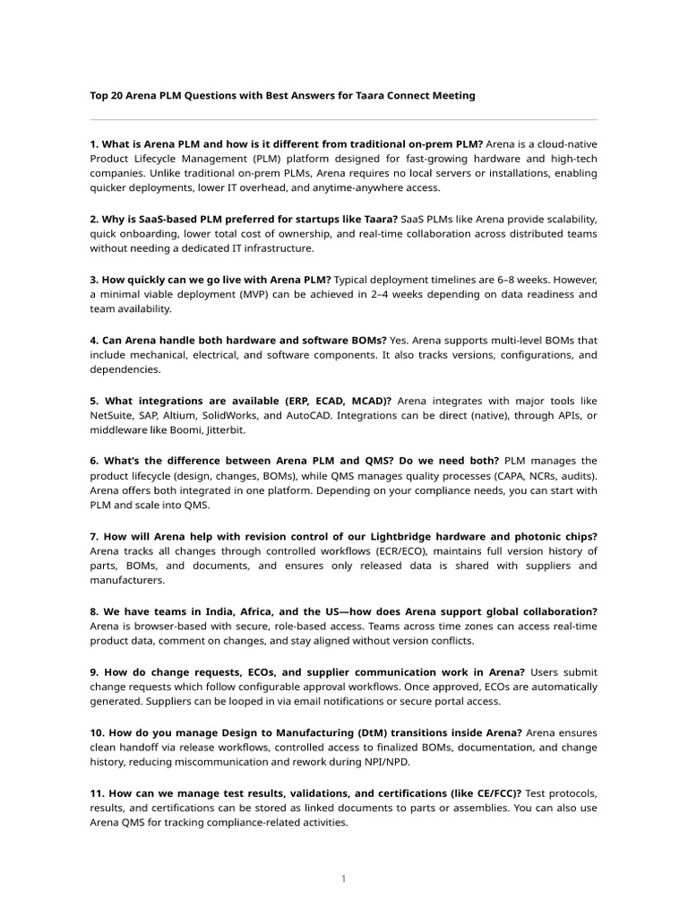 Top Arena PLM FAQs for Startups | PDF | Product Lifecycle | Software As ...