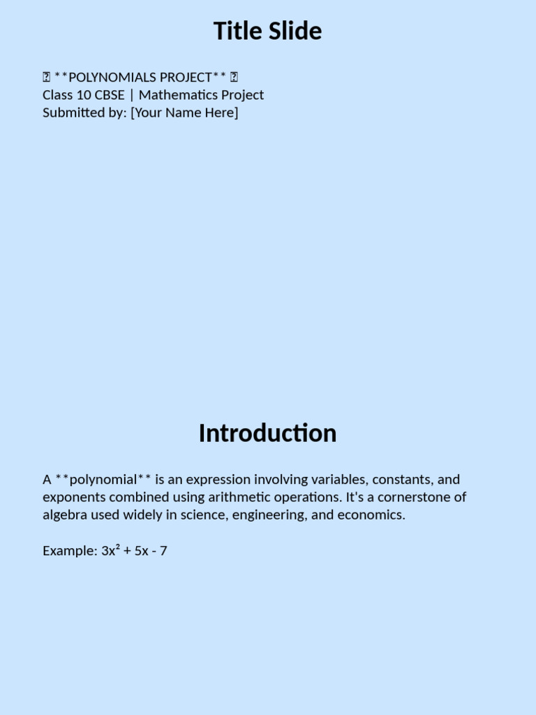 Class 10 Polynomials Project Overview | PDF