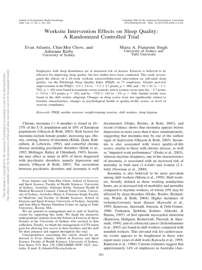 Worksite Exercise Improves Sleep Quality | PDF | Insomnia | Sleep Disorder