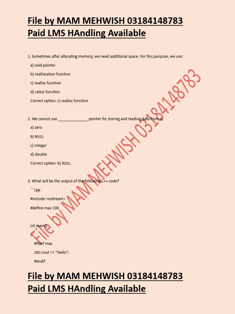 C++ Memory Management Quiz Answers | PDF | Pointer (Computer ...