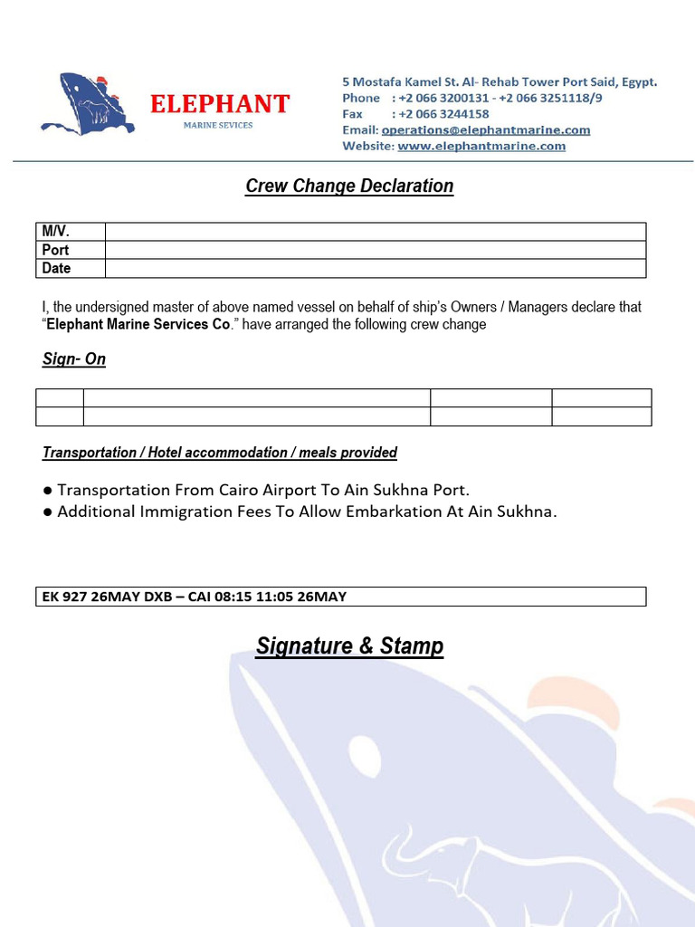 Crew Change Declaration for M/V CATALINA | PDF