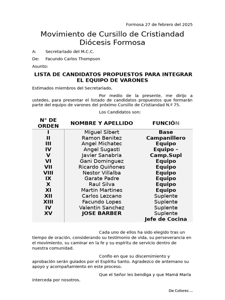 Candidatos Equipo Cursillo Varones 75 | PDF