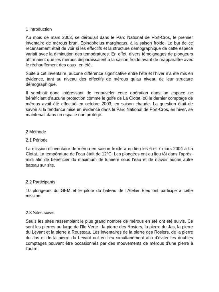 Inventaire des mérous à La Ciotat en hiver | PDF | Zoologie