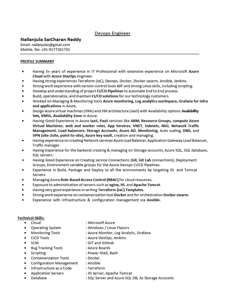 Azure DevOps Engineer Resume Summary | PDF | Microsoft Azure | Cloud ...