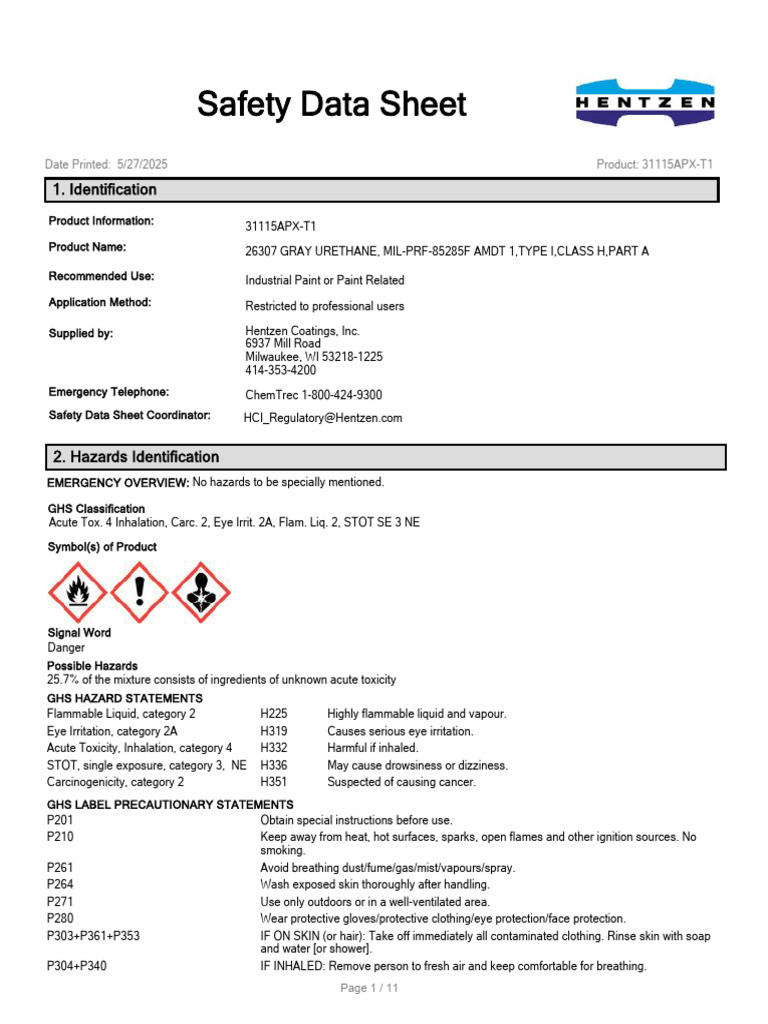MIL-PRF-85285F Urethane Safety Data | PDF | Personal Protective ...