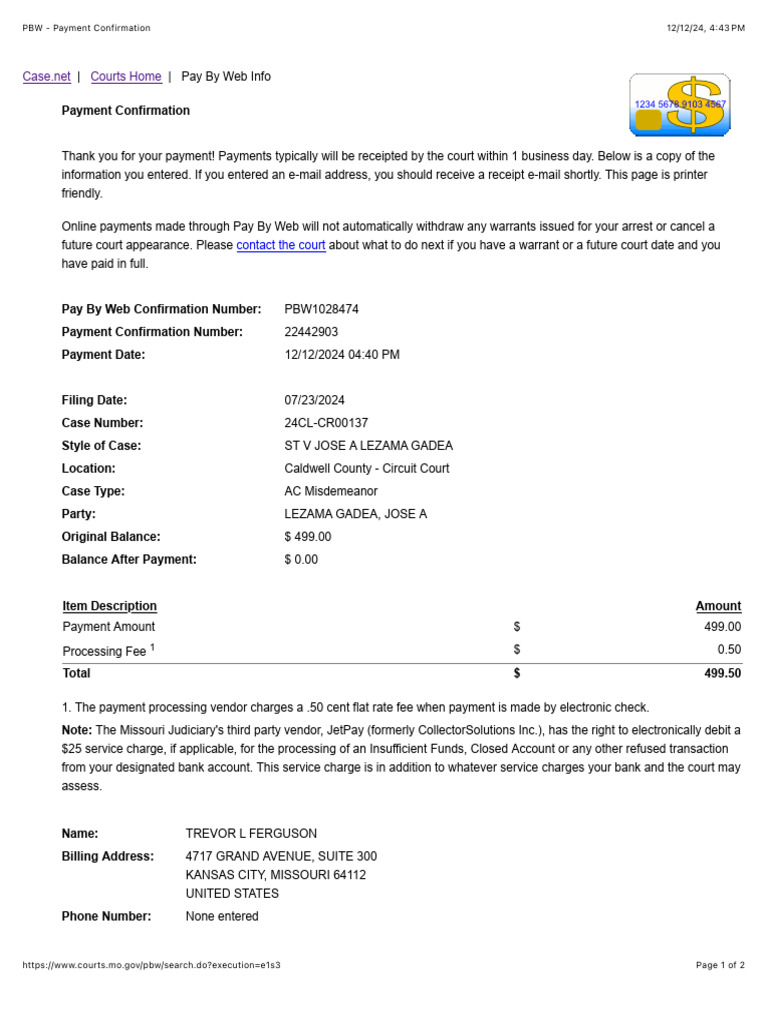 Missouri Court Payment Confirmation | PDF | Fee | Payments